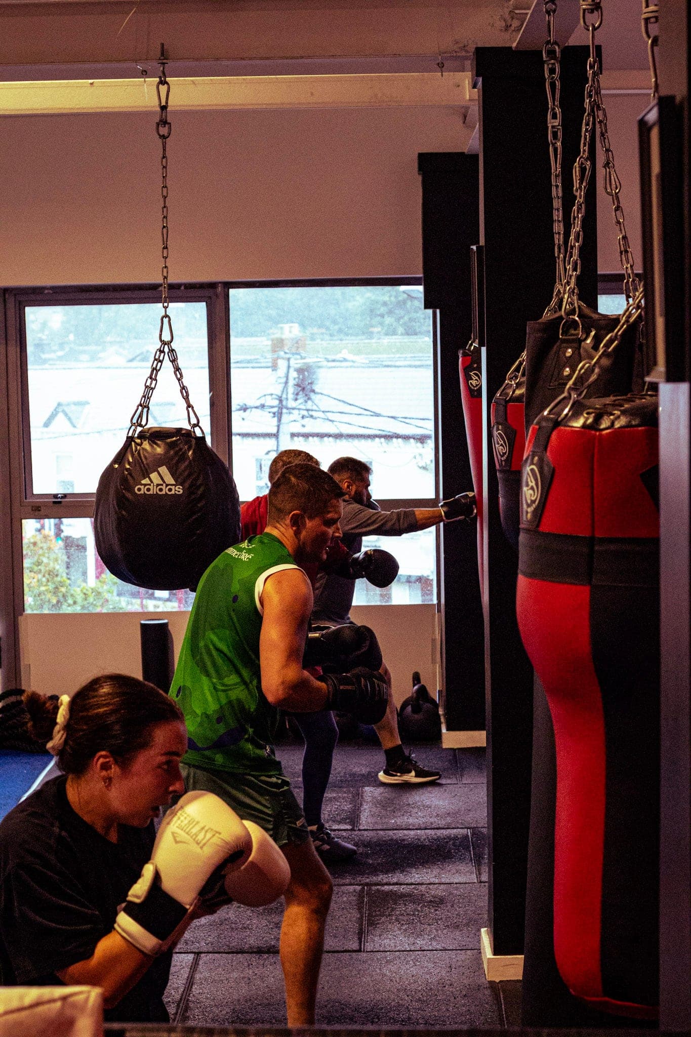 Members working the heavy bags by the gym windows